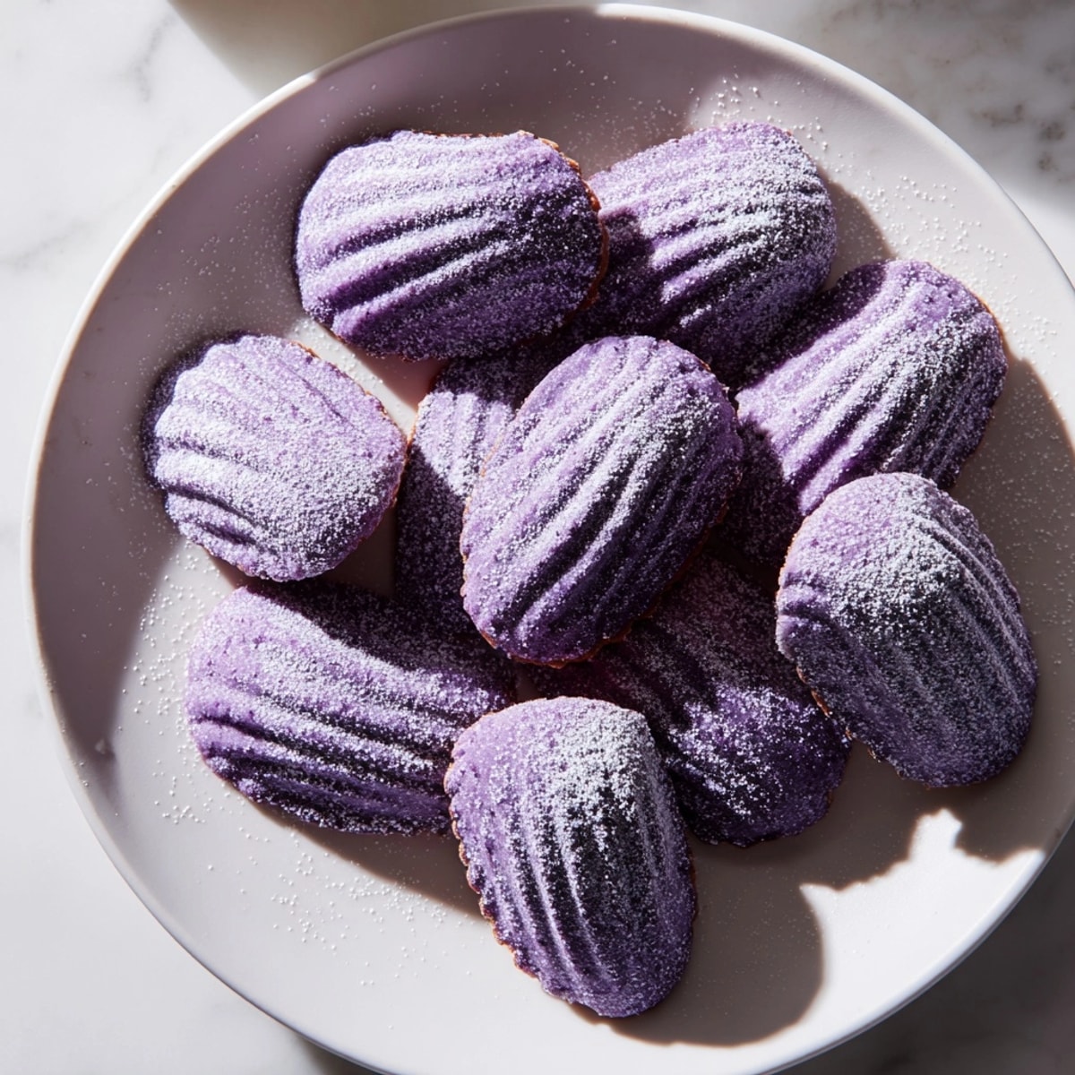 Délicates madeleines à l'ube, éclatantes de violet, nappées de sucre glace, un dessert filipino-français.