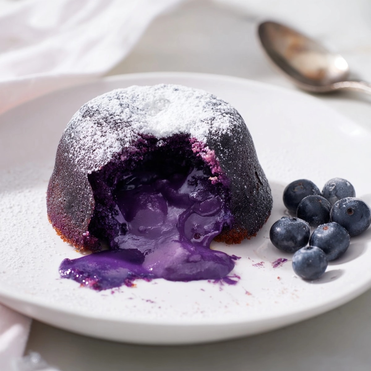 De délicieux gâteaux Ube Molten Lava individuels, cuits au four et prêts à être dégustés.
