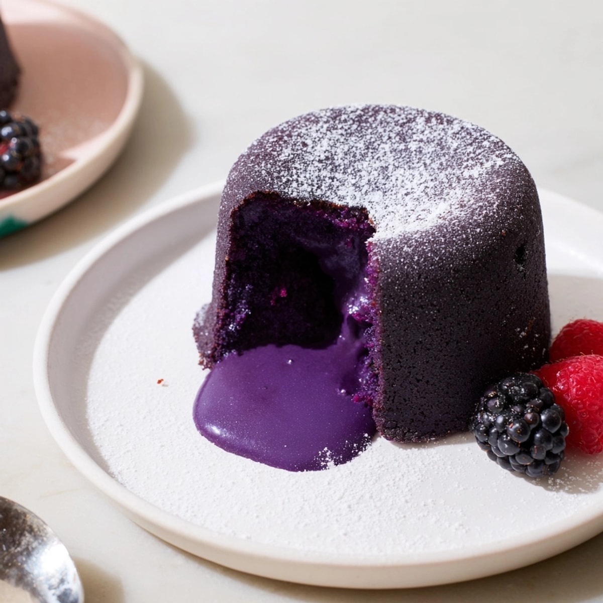 Gâteaux de lave moelleux Ube prêts. Saupoudrer de sucre en poudre, servir et savourer !