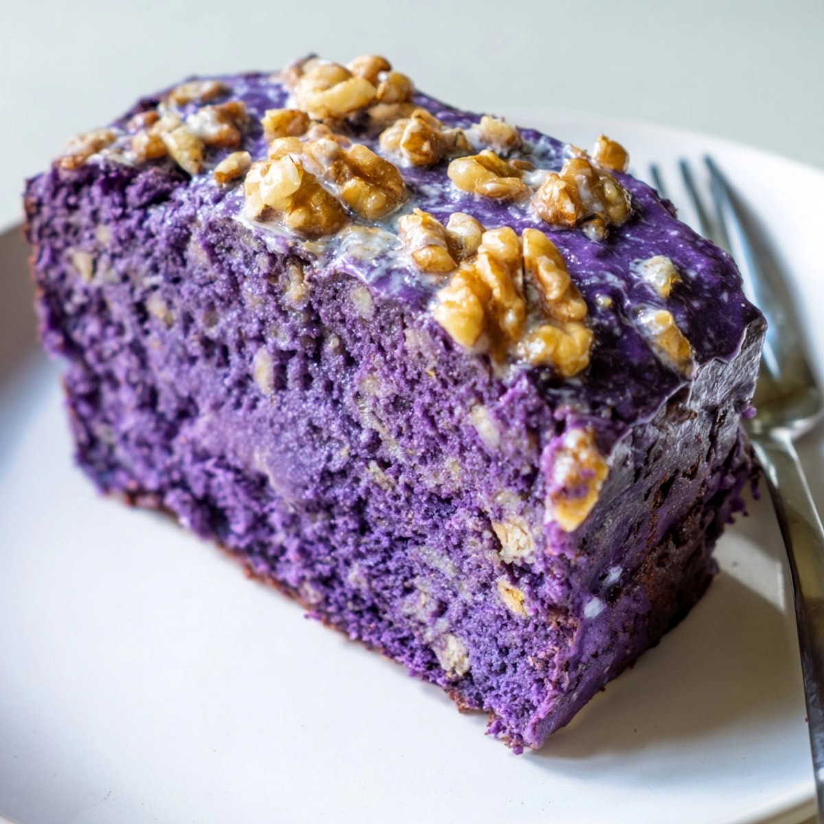 Pain aux bananes et à l'ube : tranche moelleuse, couleur violette, prête à être dégustée.