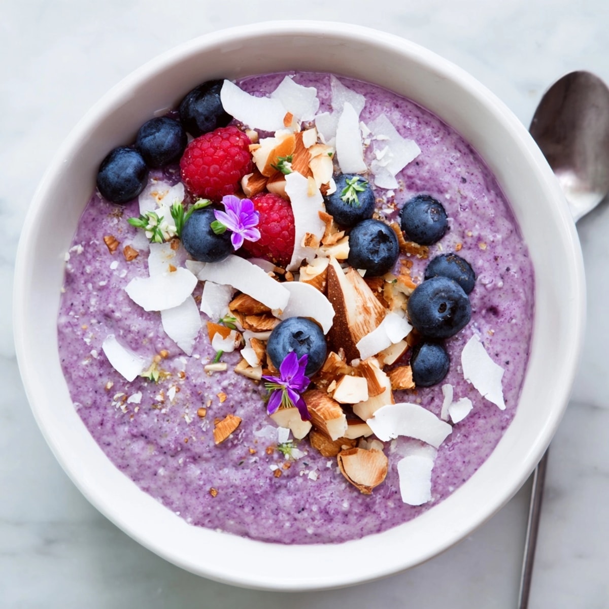 Gros plan d'un bol de délicieux Ube Violet Porridge; un petit-déjeuner réconfortant et violet.