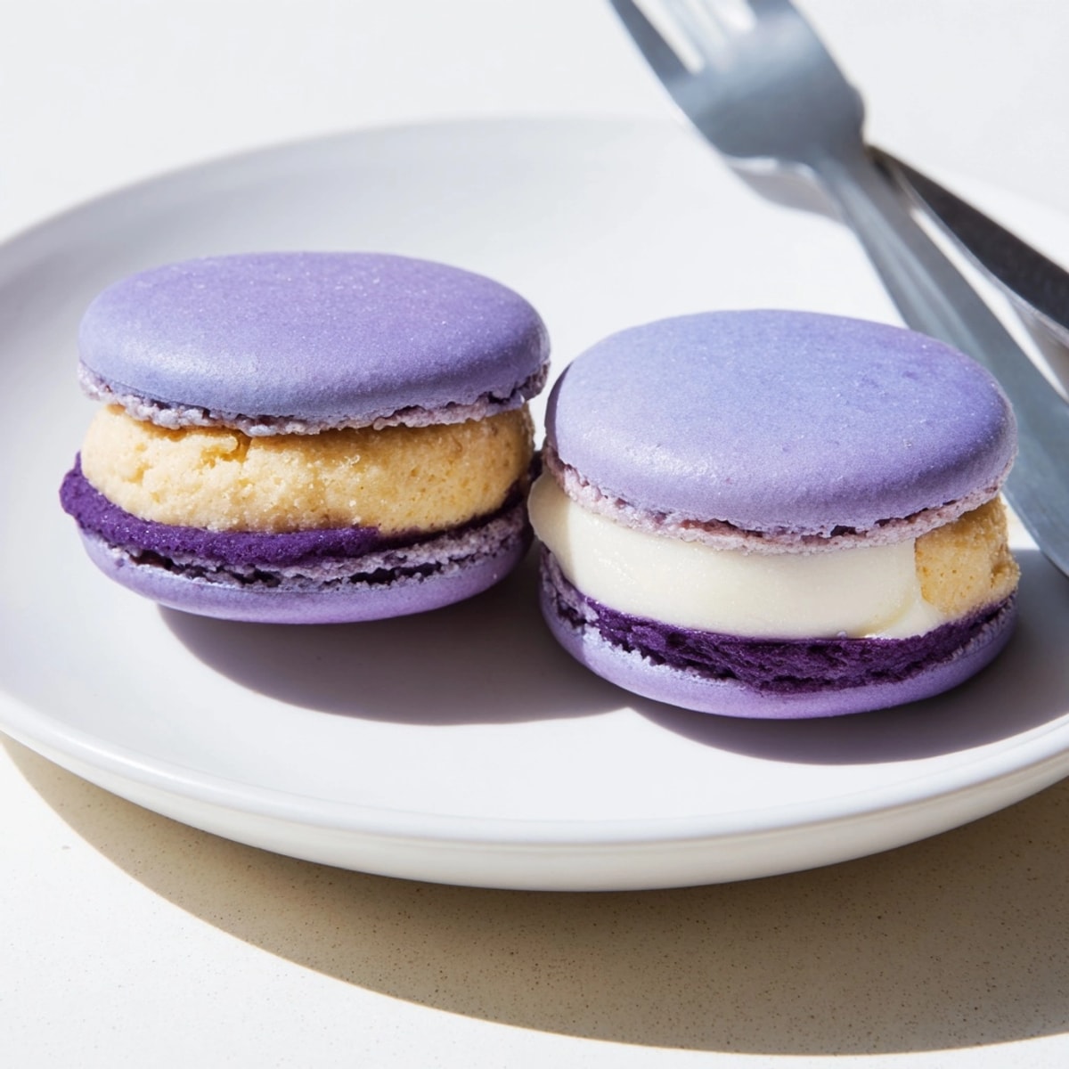 Homemade French Ube Macarons with rich purple yam buttercream, cooling before serving.