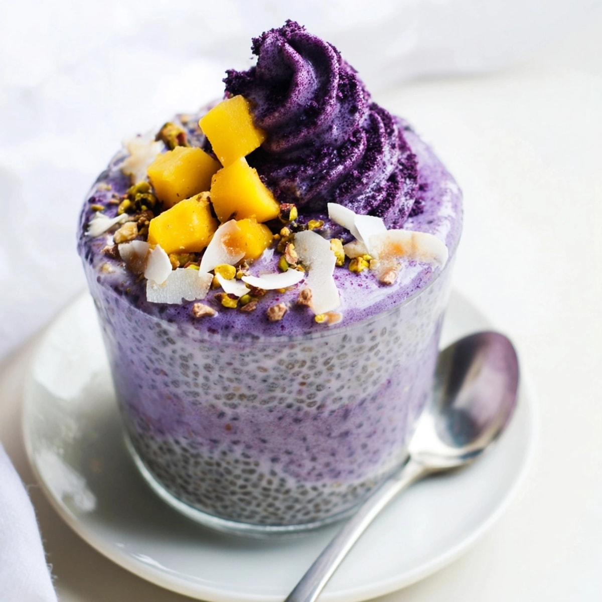 Délicieux pudding de chia à l'ube et au lait de coco, prêt à déguster.