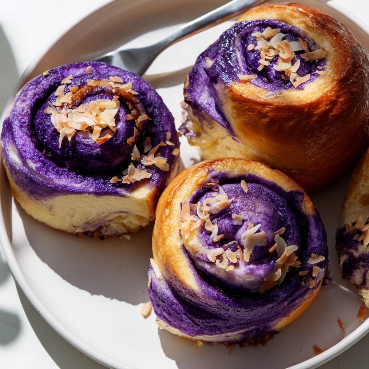 Golden Ube Brioche Rolls glistening with condensed milk and toasted coconut, breakfast treat.