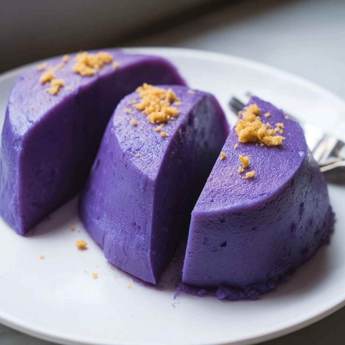 Un appétissant Ube Halaya dans un moule, prêt à être servi avec de la noix de coco grillée.