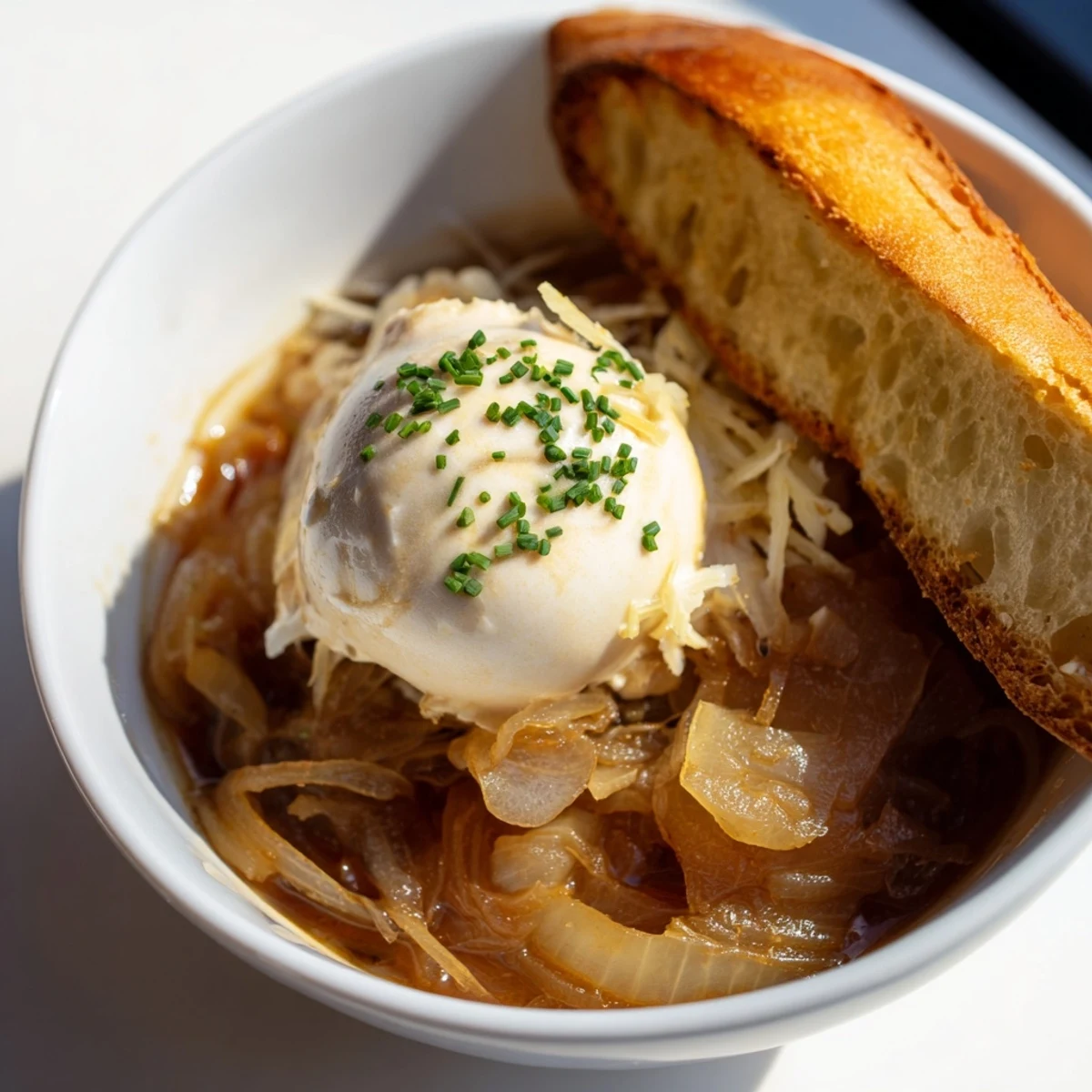 Vegan French Onion Rebel Float served in a clear bowl, topped with cashew ice cream.  