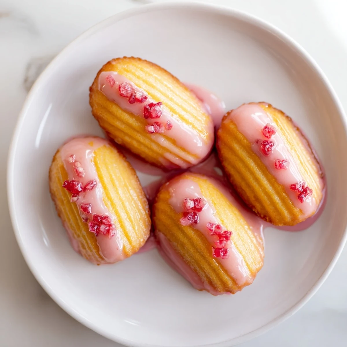 Golden French madeleines are elegantly drizzled with a rich cherry martini glaze.  