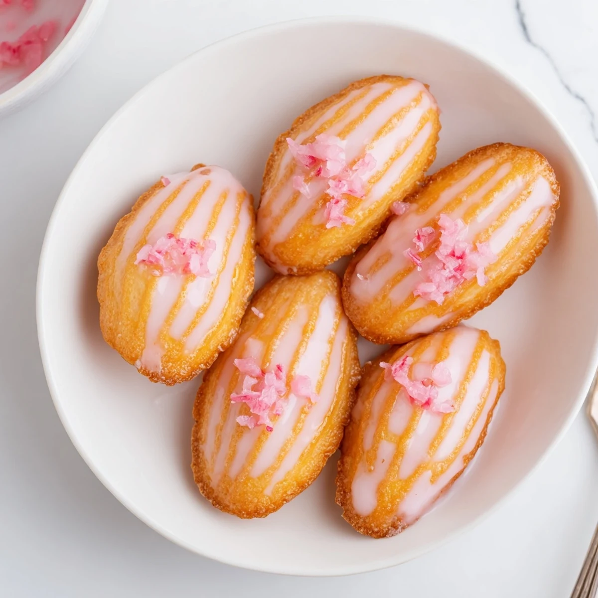 Buttery madeleines topped with a glossy cherry martini glaze, ideal for parties.