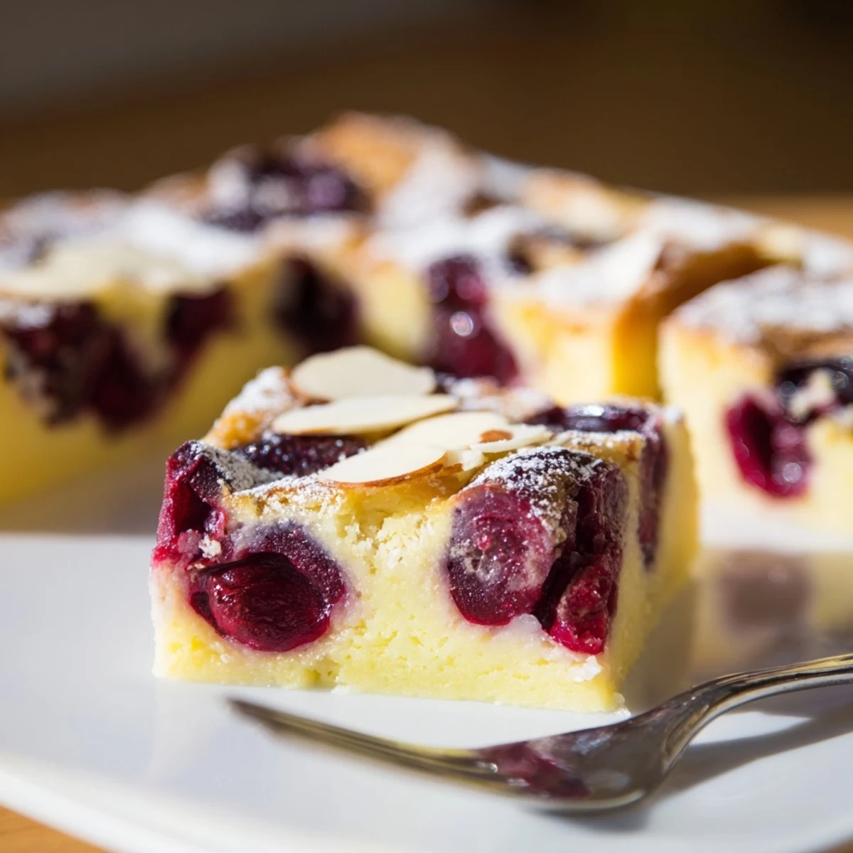 Luscious Cherry Vibe Clafoutis Bars topped with powdered sugar and sliced almonds.  