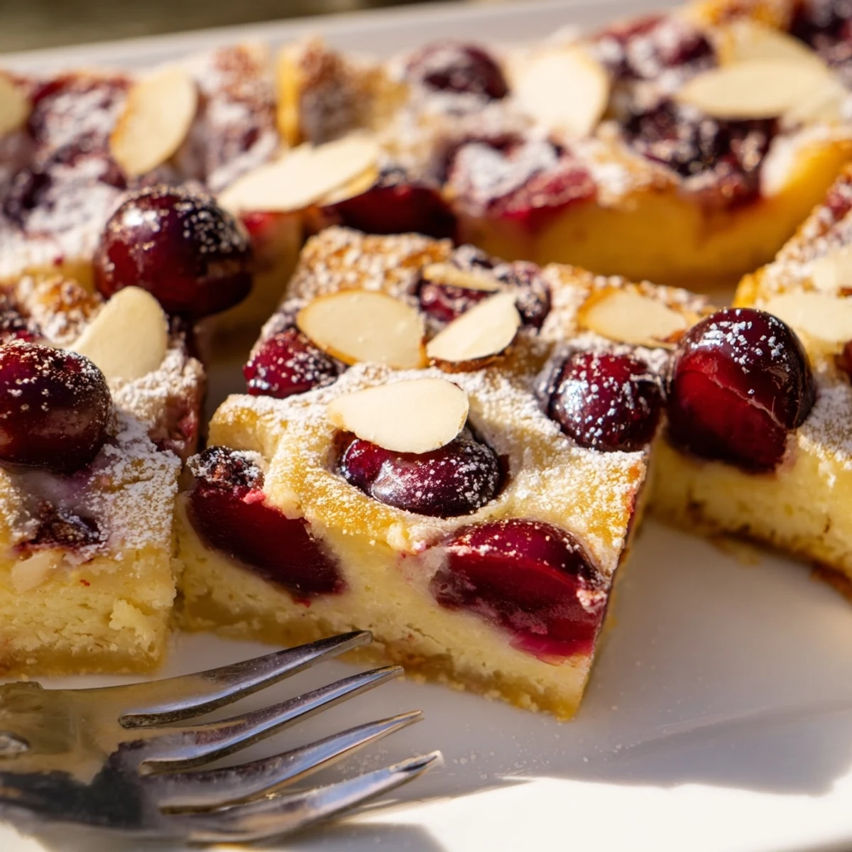Creamy Cherry Vibe Clafoutis Bars bursting with fresh cherries and delicate flavors.  