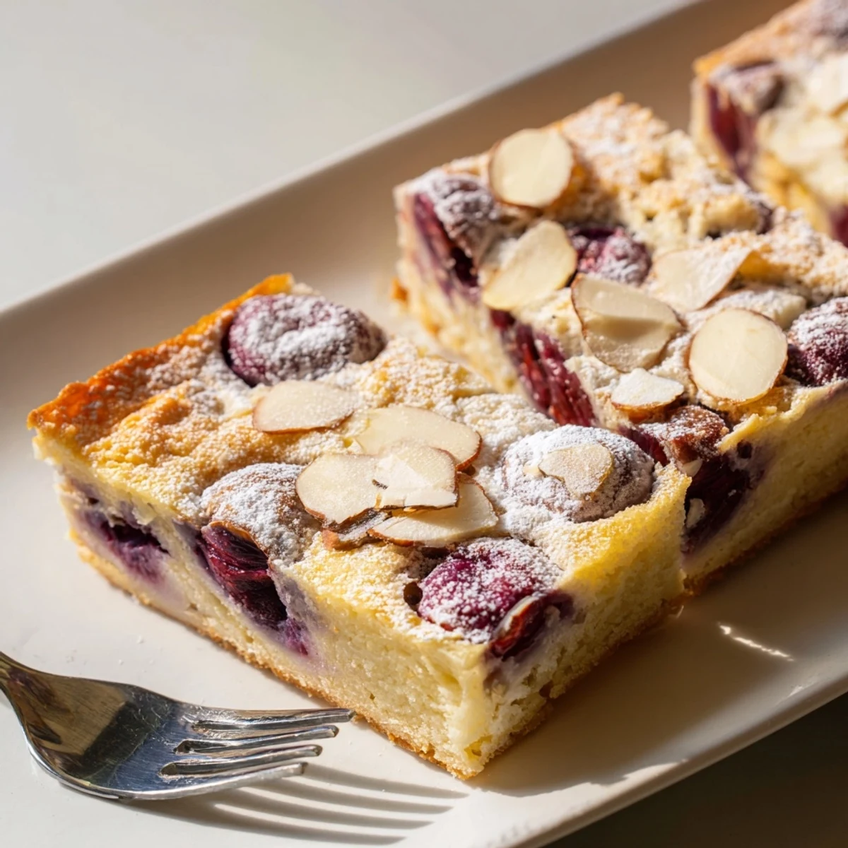 Easy-to-make Cherry Vibe Clafoutis Bars served warm with a dusting of sugar.