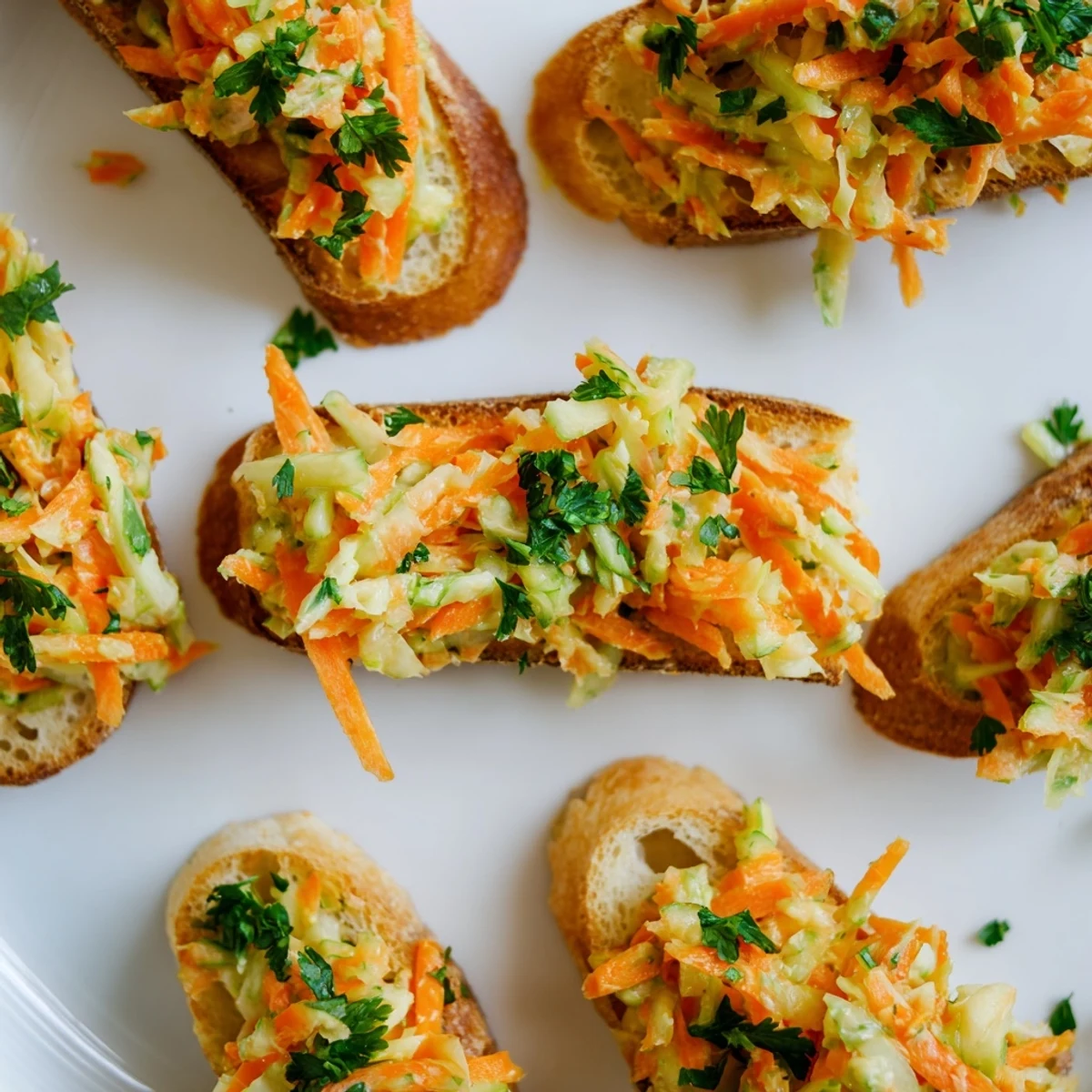 Crunchy baguette slices topped with cornichon and carrot slaw for delightful bites.  