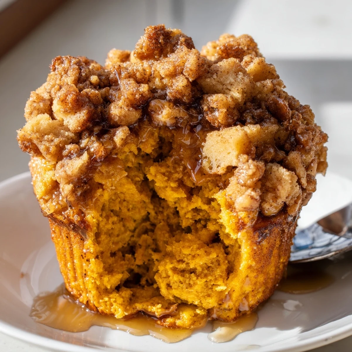 Deliciously spiced French Toast Pumpkin Muffins drizzled with maple syrup for extra sweetness.