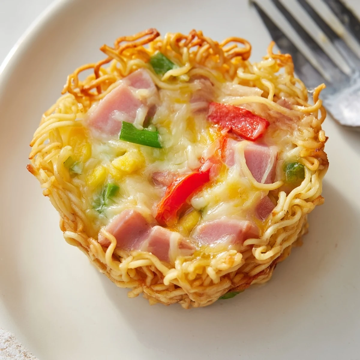 Crispy ramen quiche tartlets filled with creamy cheese and vibrant veggies.  
