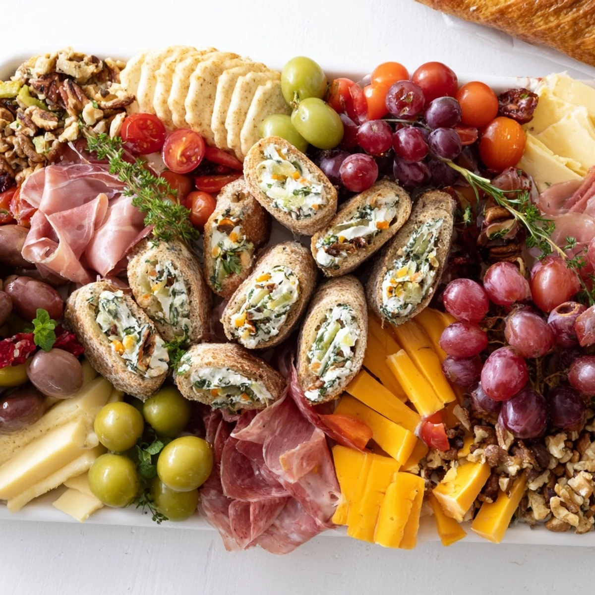 A beautifully arranged charcuterie board with savory éclairs and vibrant accompaniments.  