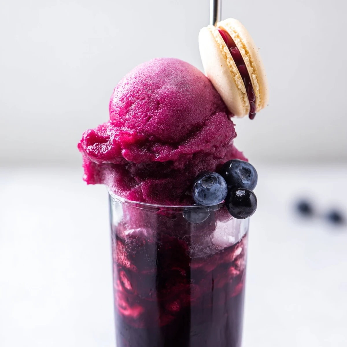 Flottant de soda à la cassis avec sorbet noir, macarons colorés en garniture.  