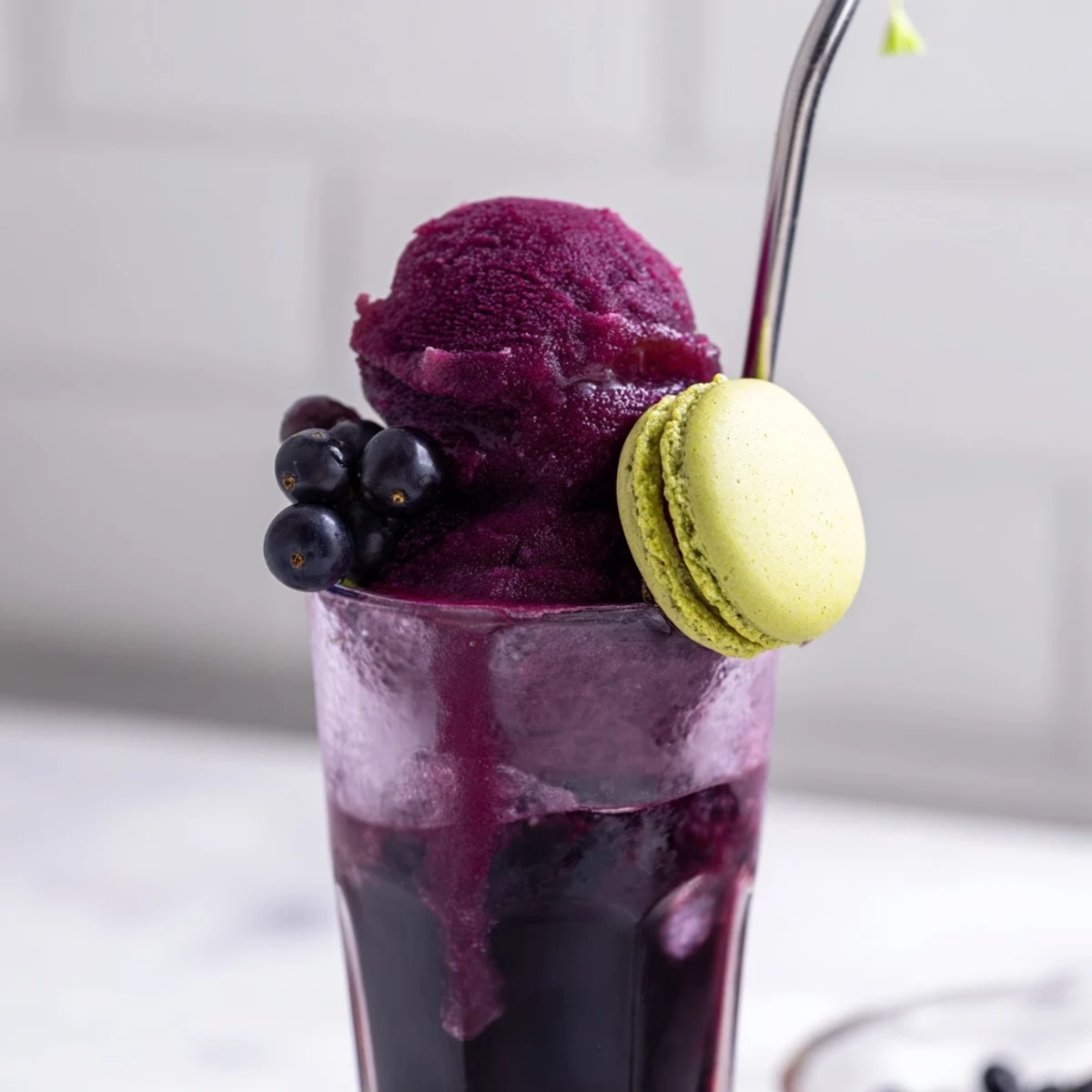 Délicieux dessert à la maison, combinant sorbet de cassis et limonade pétillante.  