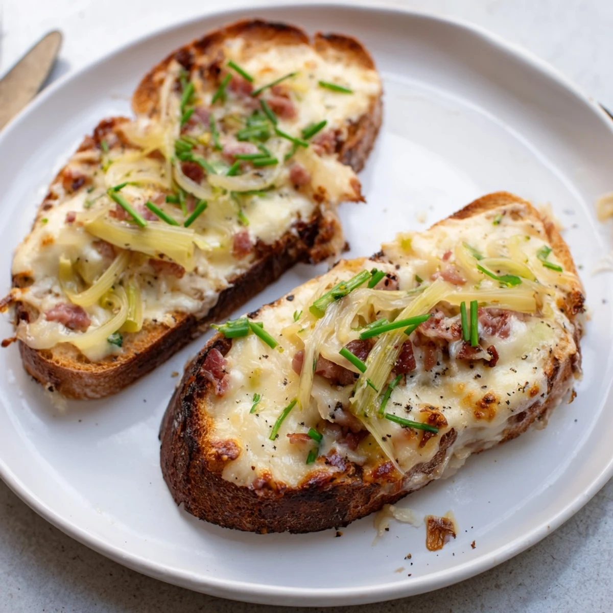 Toasts de Tartiflette au Camembert et aux Cornichons dorés sur pain croustillant.