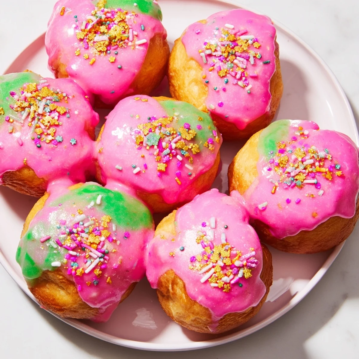 Douce brioche décorée comme des donuts festifs avec glacis coloré et confettis.  