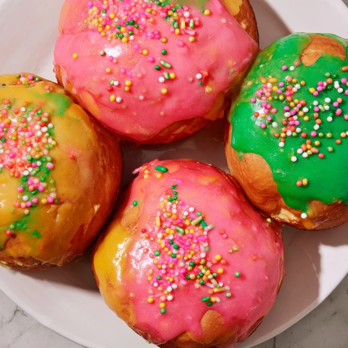 Délicieuse brioche façon donut, nappée de glaçage brillant et coloré pour égayer.