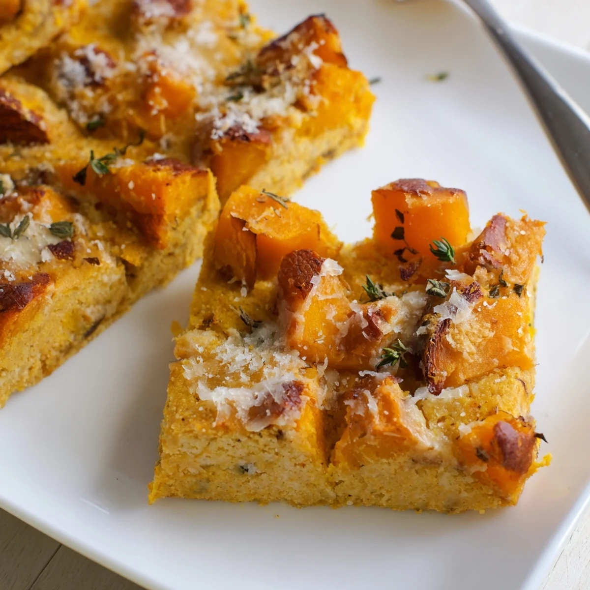 Carrés de socca à la citrouille et au thym, dorés et savoureux, servis chauds.  