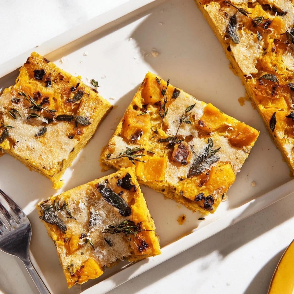 Savoureux carrés de socca, à la citrouille rôtie, parfaits pour une dégustation légère.