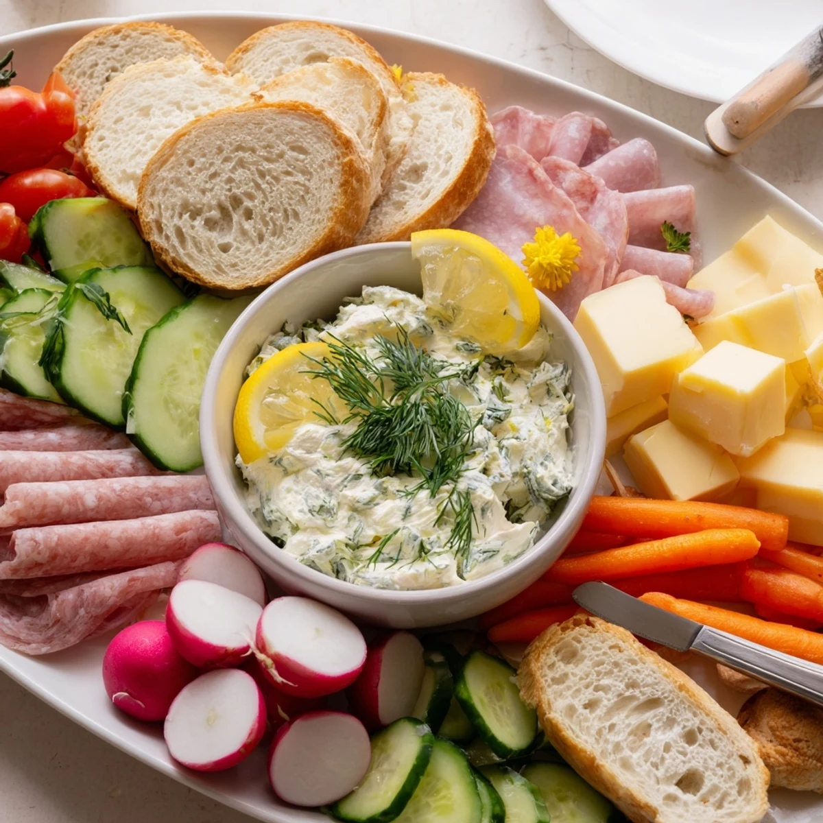 Une belle planche de charcuterie comprenant des viandes, fromages et beurre à l'aneth.