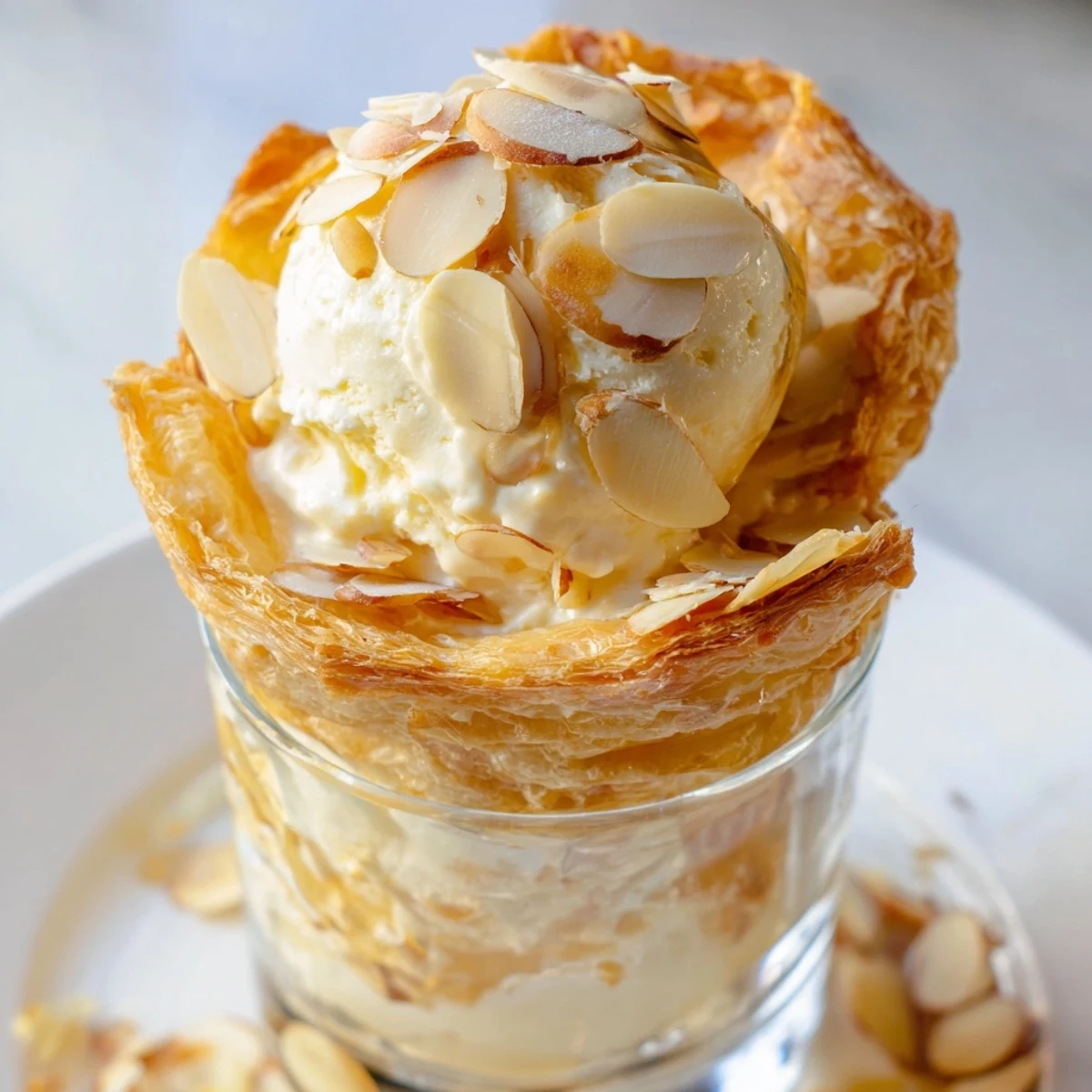 Sundae gourmand aux éclats de pâte feuilletée et crème d'amande onctueuse.