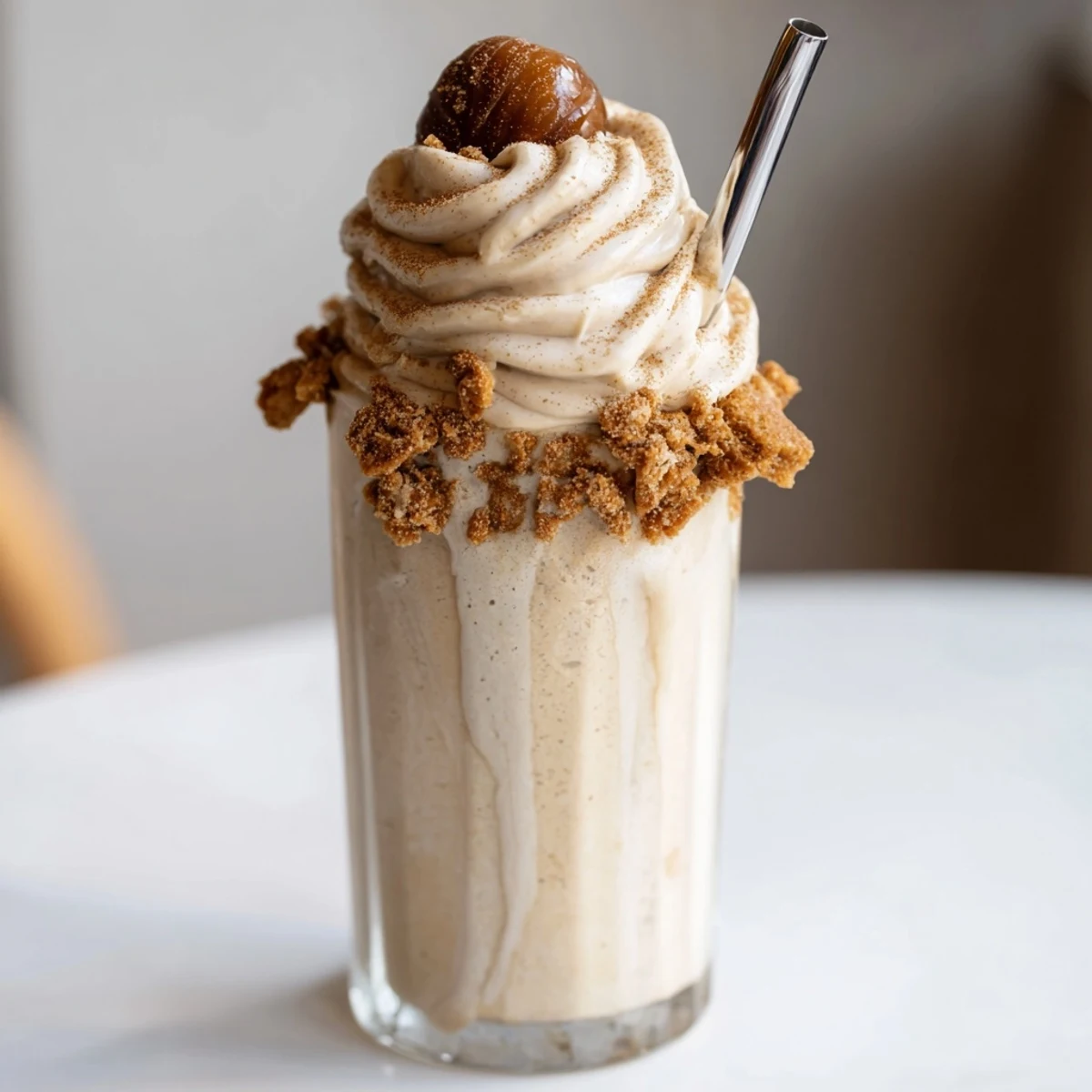 Milkshake au pain d’épices Mont Blanc, crémeux avec garniture de crème de marrons.  