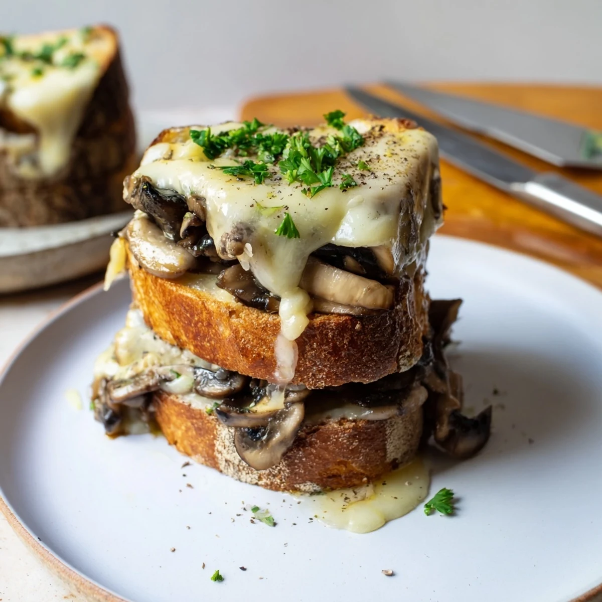 Tranches de pain grillé avec champignons acidulés et fromage Emmental doré.