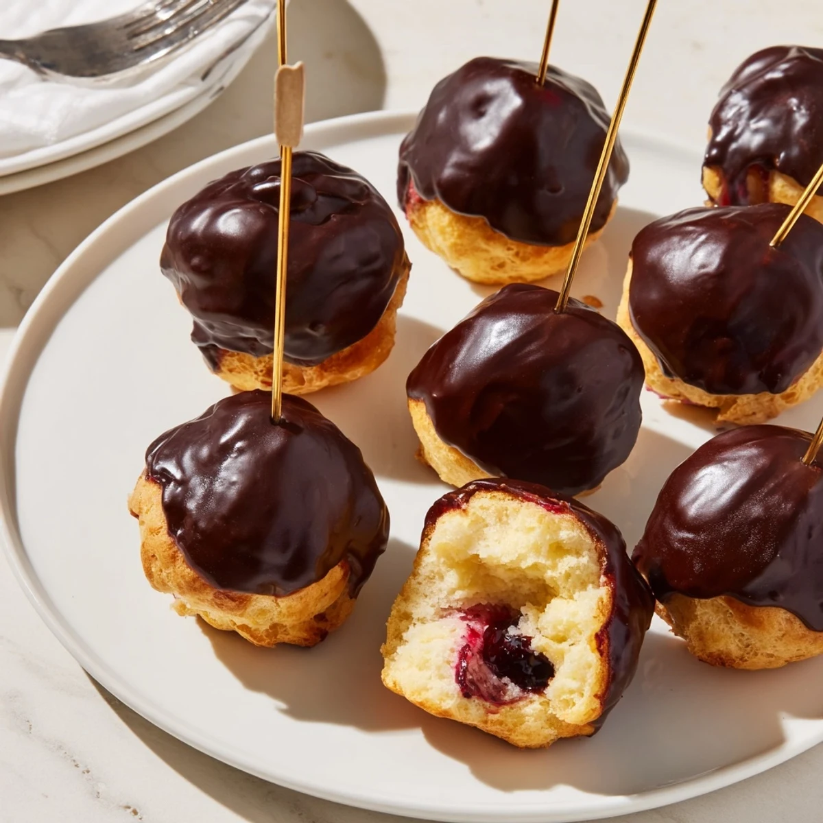 Pops de profiterole aux cerises et cassis, enrobés de chocolat noir riche et crémeux.