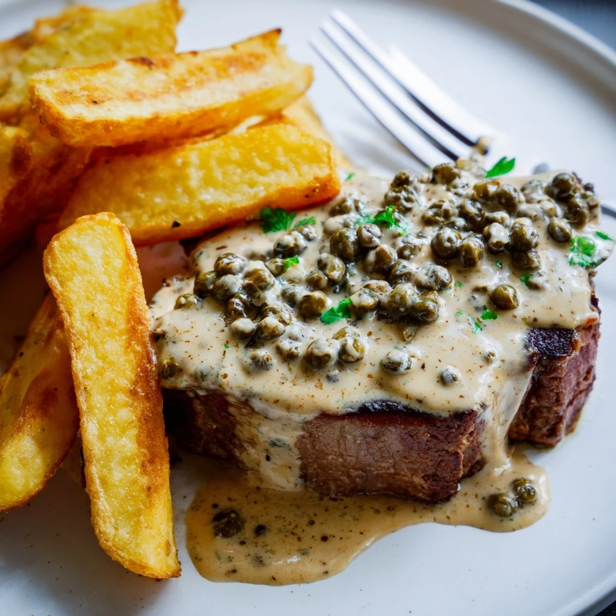Golden crispy fries perfectly paired with savory steak frites dish.  