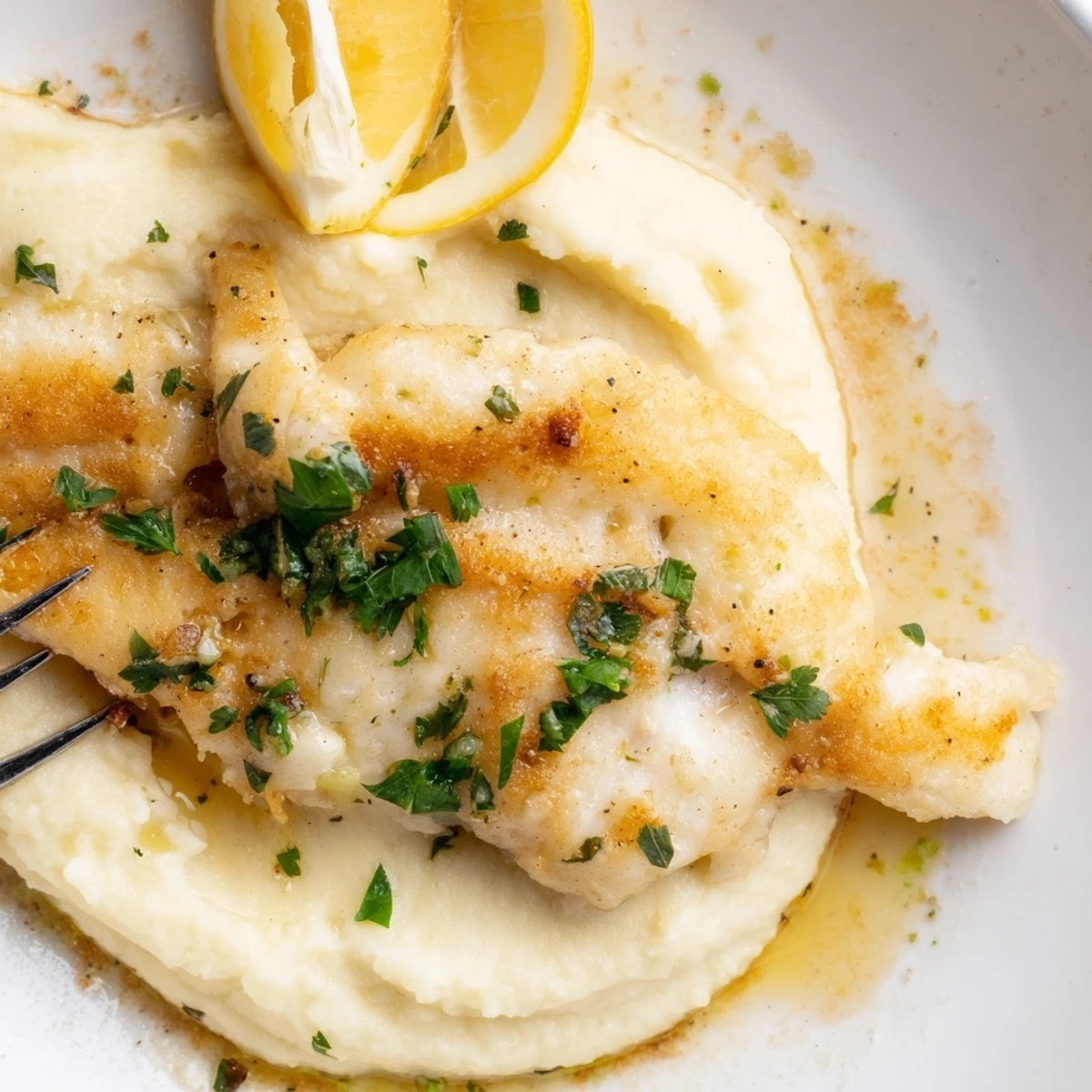 Sole Meunière croustillante sous une sauce au beurre noisette, servie avec purée onctueuse.  