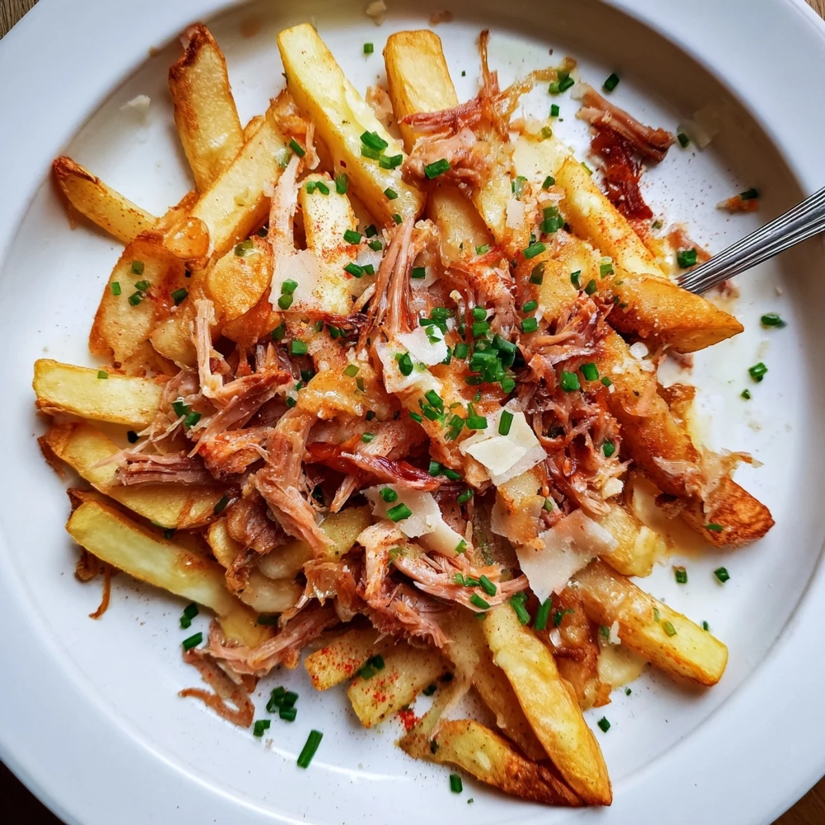 Délicieuses frites de canard confit servies chaudes, idéales pour partager.  