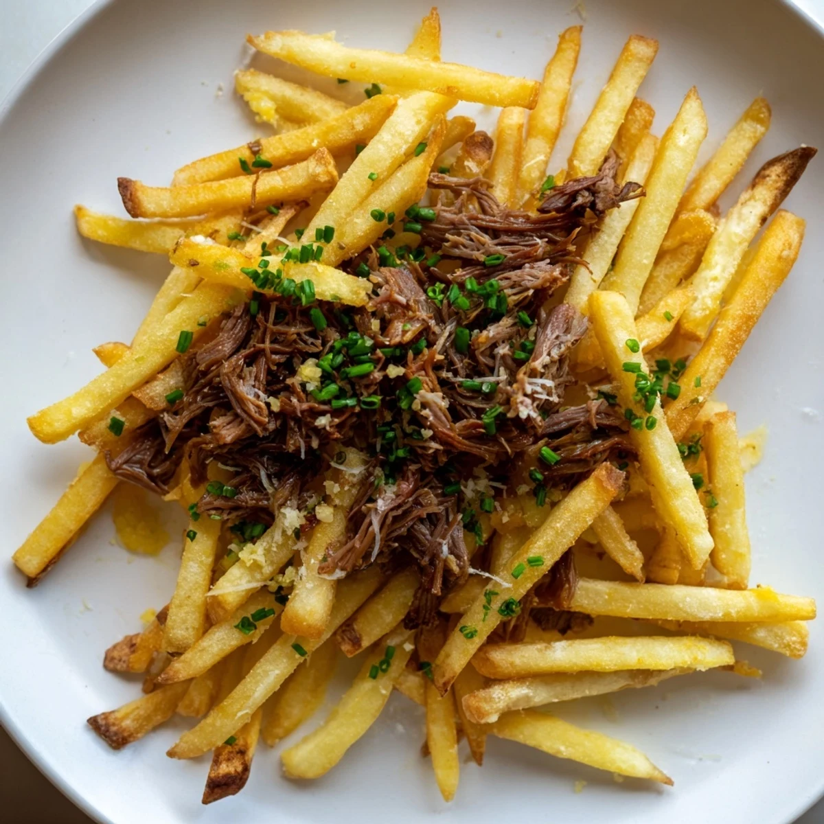Appétissantes frites de canard confit saupoudrées de parmesan et d'herbes aromatiques.