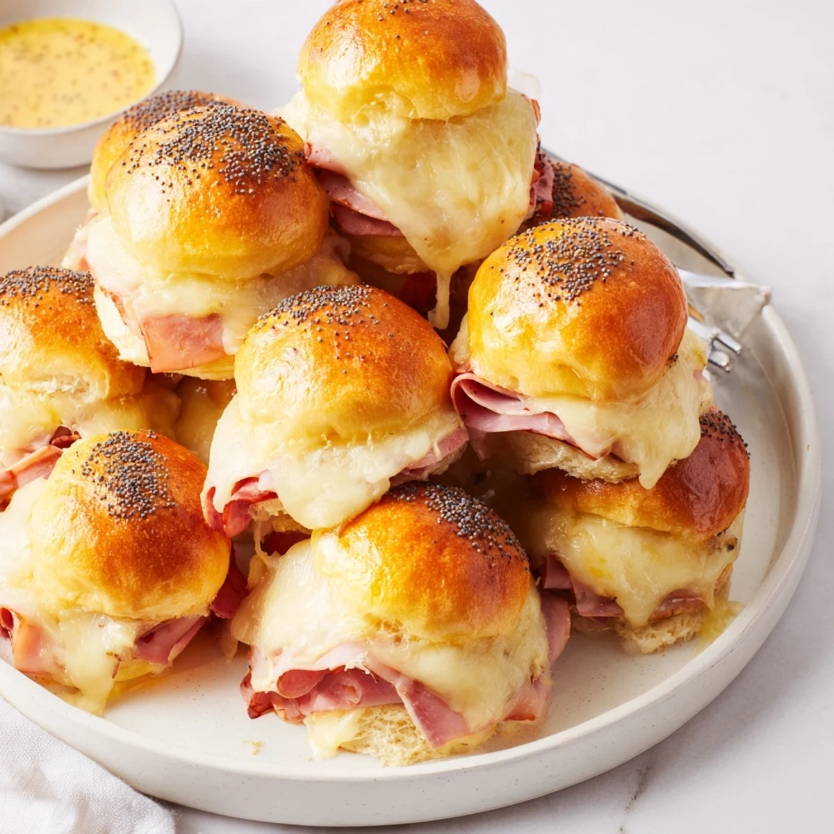 Délicieux Croque Monsieur sliders sortis du four, servis chauds avec une béchamel crémeuse.  