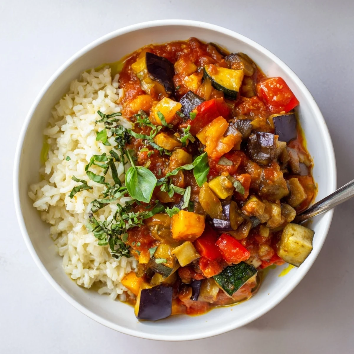 Récipient rempli de délicieux bols de ratatouille rustique sur du riz parfumé.  