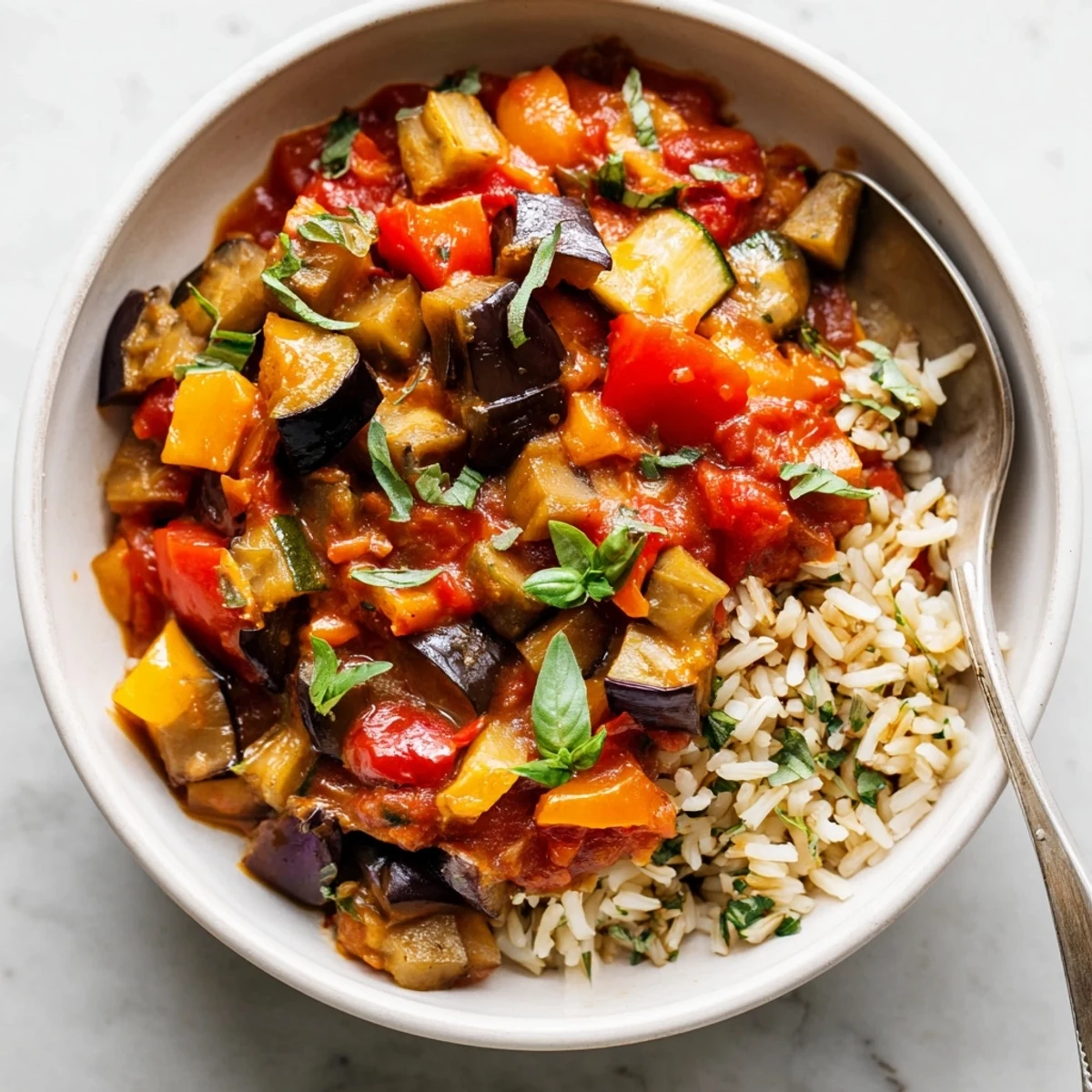 Bols de ratatouille rustique garnis d'une touche de basilic frais.  