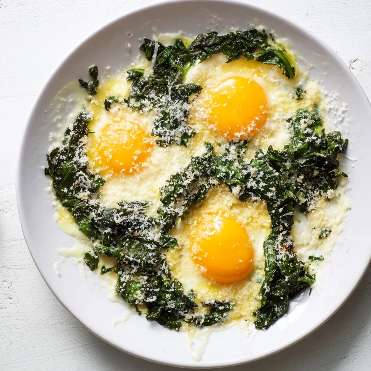 Creamy Eggs Florentine casserole topped with perfectly baked eggs and sautéed spinach.  