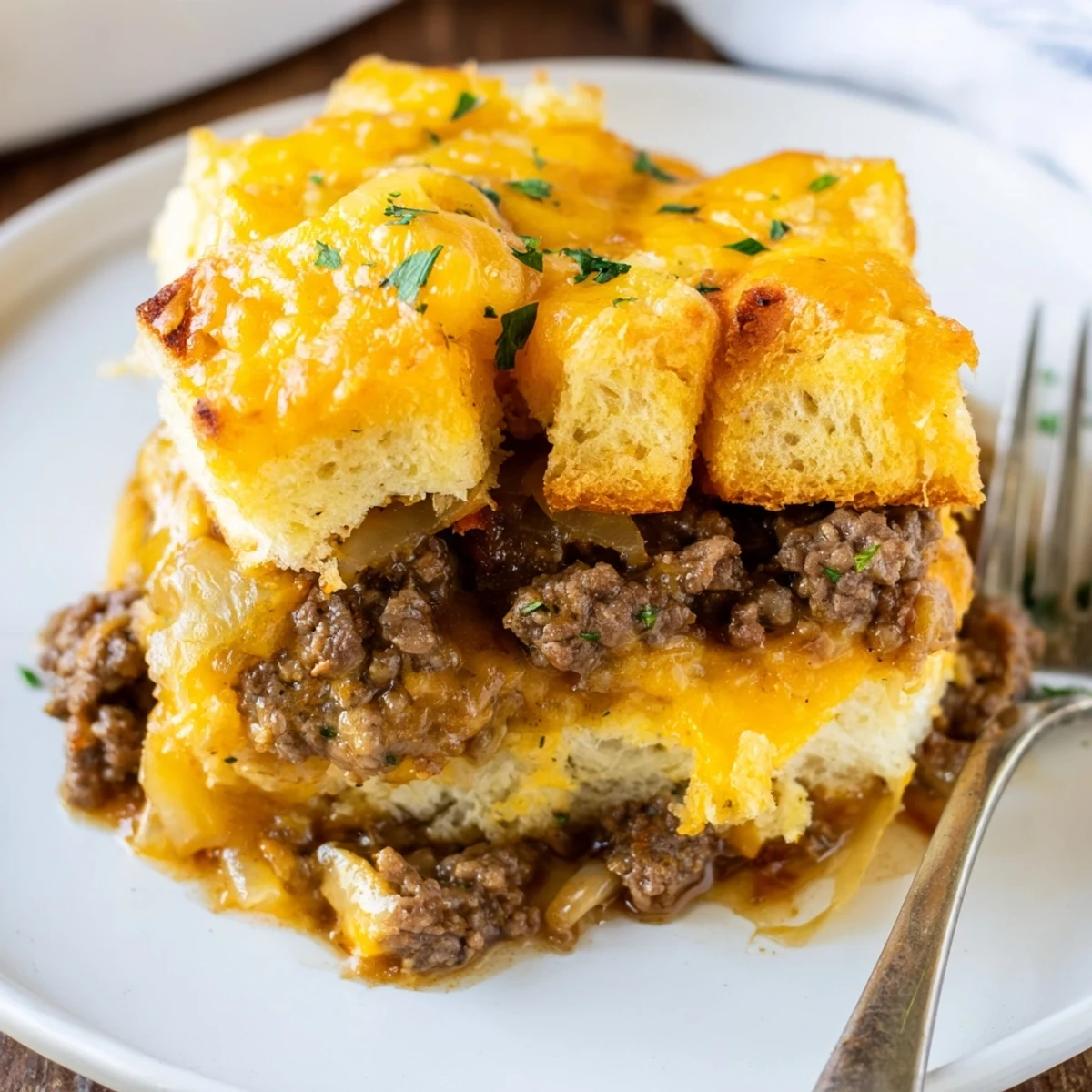Casserole de boeuf et cheddar à l'oignon français, dorée et savoureuse, prête à servir.  