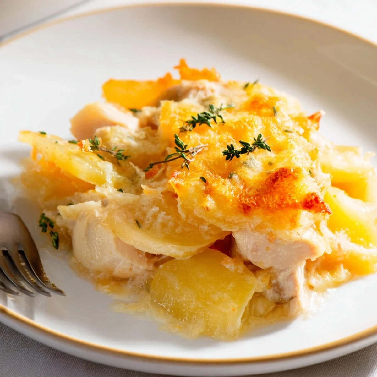 Gratin dauphinois de poulet et pommes de terre, crémeux avec une croûte dorée au fromage.  