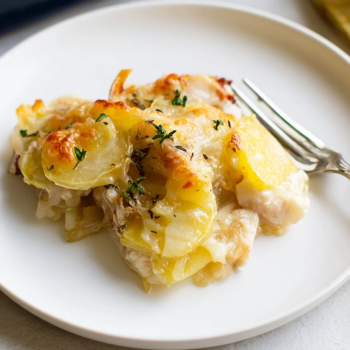 Casserole réconfortante de poulet et pommes de terre au gratin, onctueuse et savoureuse.  