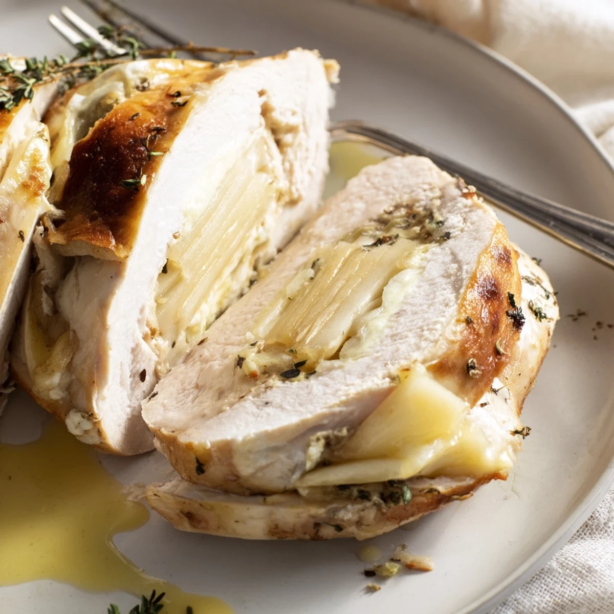 Savoureux poulet farci au Brie et aux tranches de pomme, idéal pour un dîner gourmet.