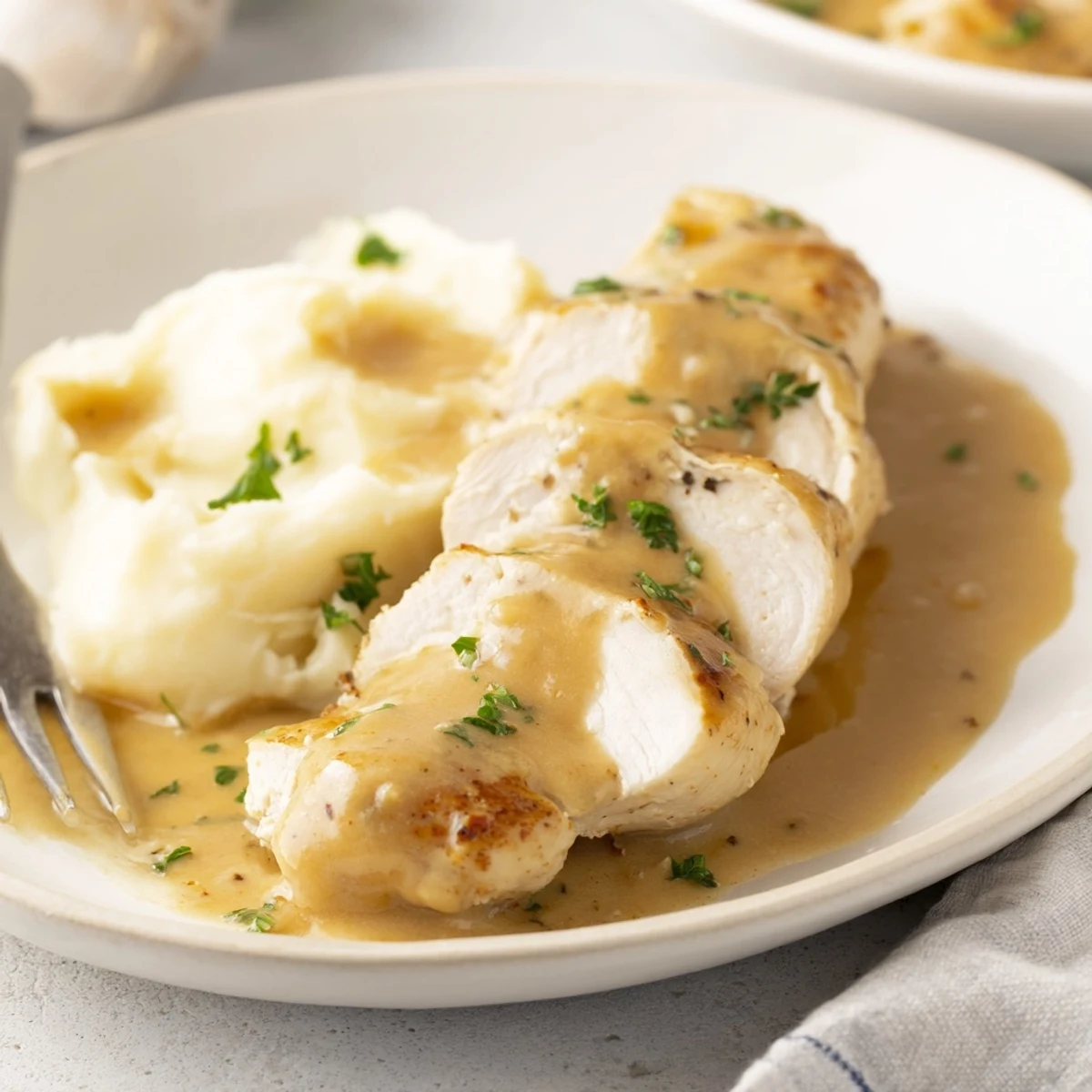 Poulet tendre à la moutarde de Dijon, accompagné de purée de pommes de terre à l'ail.  