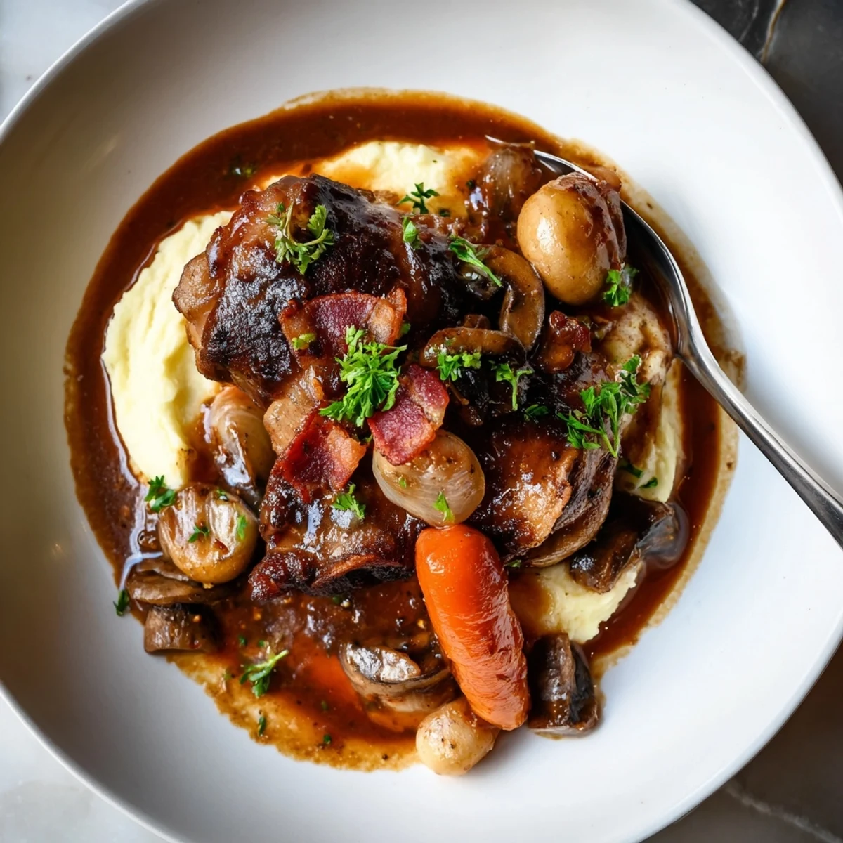 Poulet style Coq au Vin dans un bol garni de légumes colorés.  