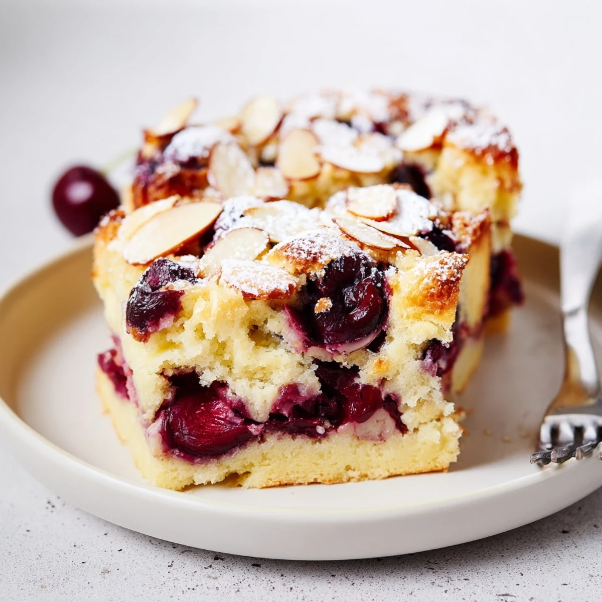 Dessert français Clafoutis aux cerises, servi avec une délicate poussière de sucre glace.