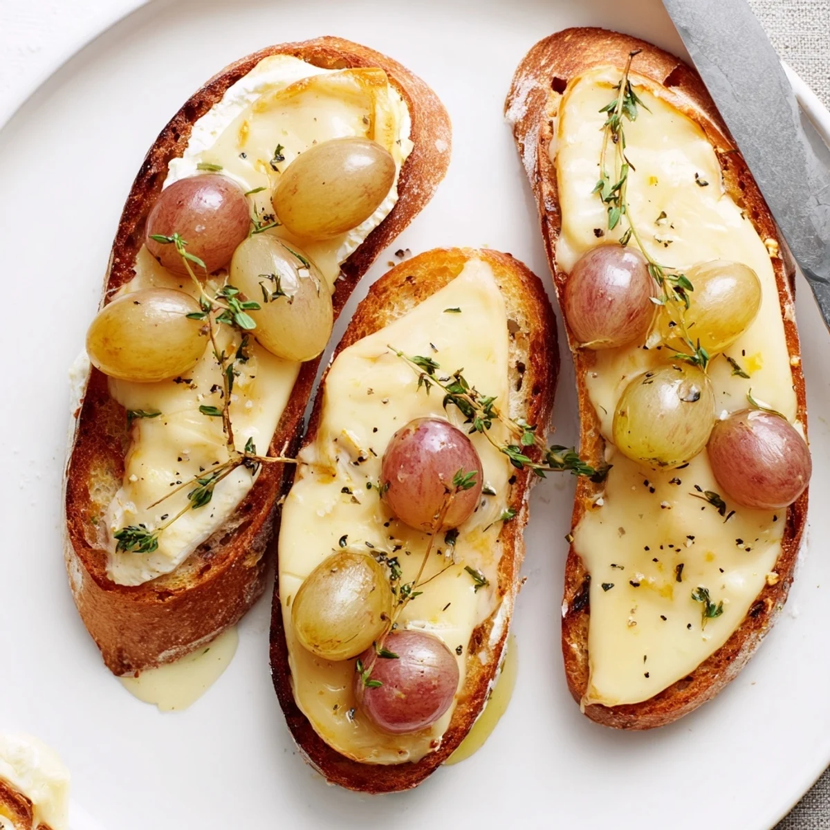 Toast savoureux au Brie et raisins, arrosé de miel et herbes fraîches.  