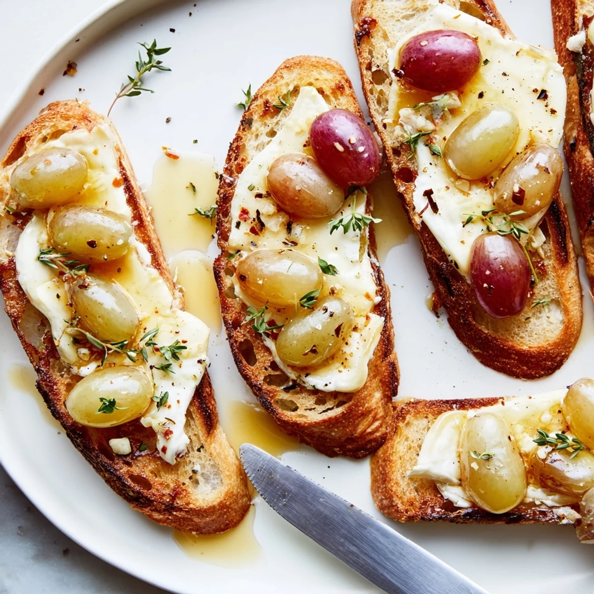 Apéritif élégant avec toasts de Brie et raisins, servi chaud et délicieux.