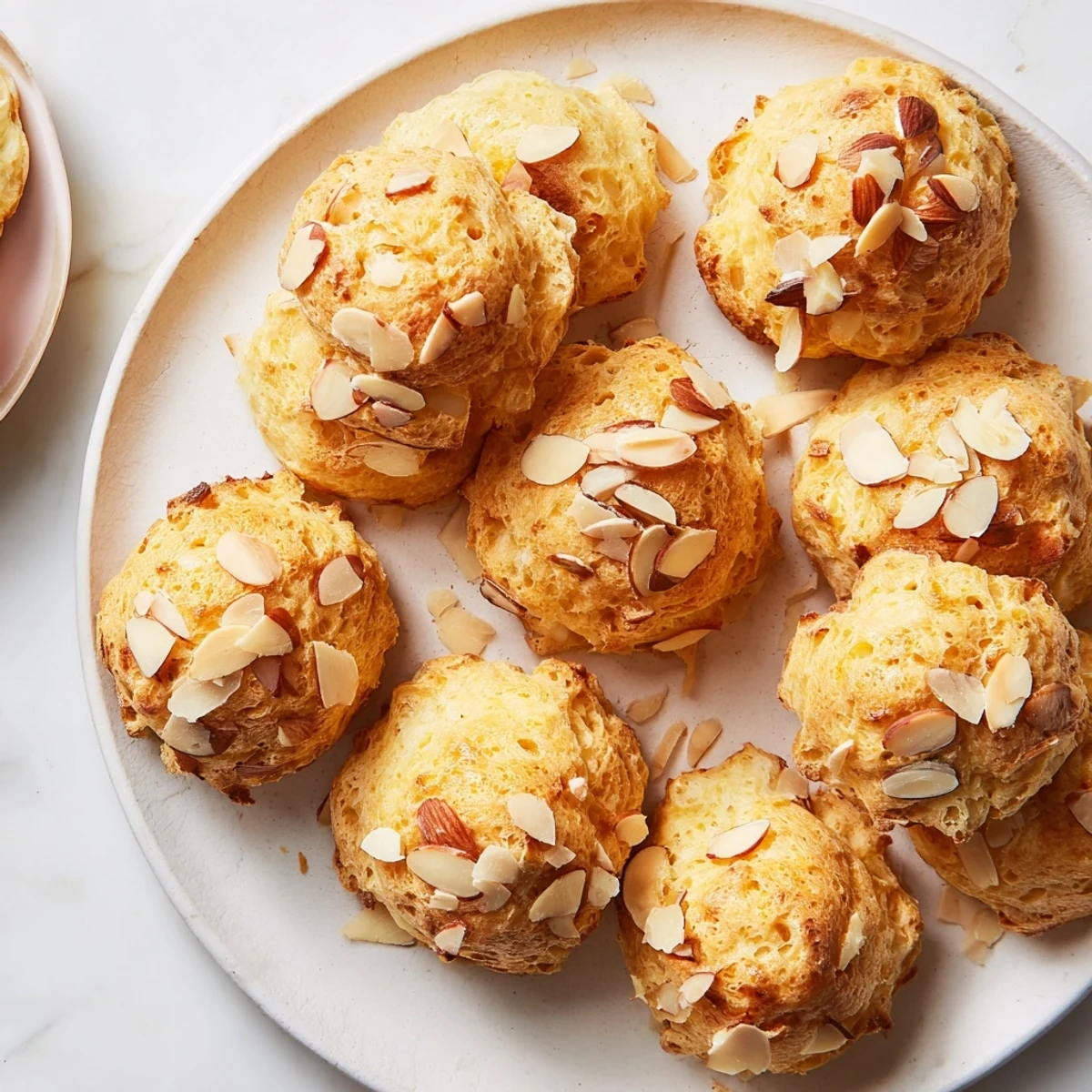 Bouchées de gougères au beurre et fromage, garnies d'amandes croquantes pour une texture irrésistible.  