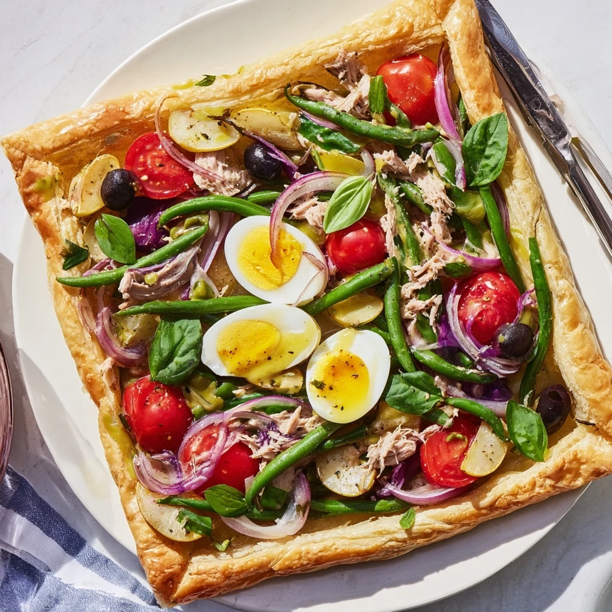 Tarte feuilletée Salade Niçoise colorée, avec légumes frais et thon savoureux.